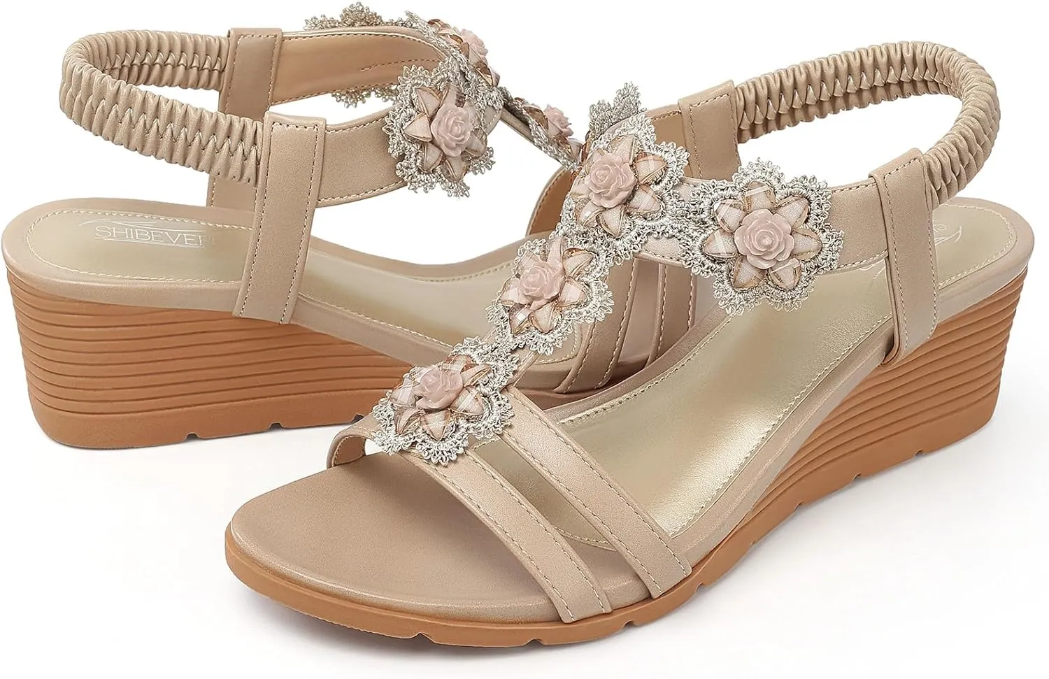 SHIBEVER Womens Sandals Wedge Flower: Open Toe Elastic Ankle Strap Wedge Sandal - Dressy Sandals Women - Comfortable Summer Bohemia