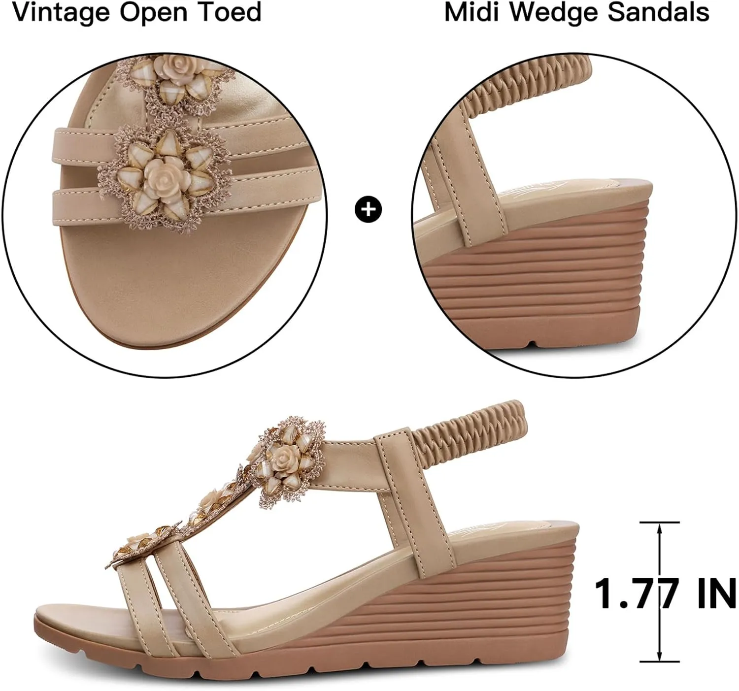 SHIBEVER Womens Sandals Wedge Flower: Open Toe Elastic Ankle Strap Wedge Sandal - Dressy Sandals Women - Comfortable Summer Bohemia