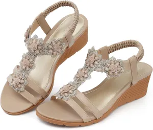 SHIBEVER Womens Sandals Wedge Flower: Open Toe Elastic Ankle Strap Wedge Sandal - Dressy Sandals Women - Comfortable Summer Bohemia