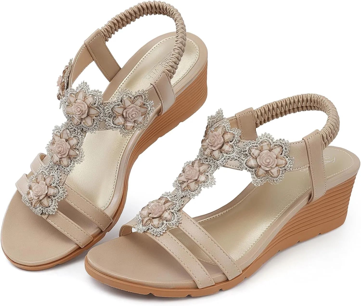 SHIBEVER Womens Sandals Wedge Flower: Open Toe Elastic Ankle Strap Wedge Sandal - Dressy Sandals Women - Comfortable Summer Bohemia