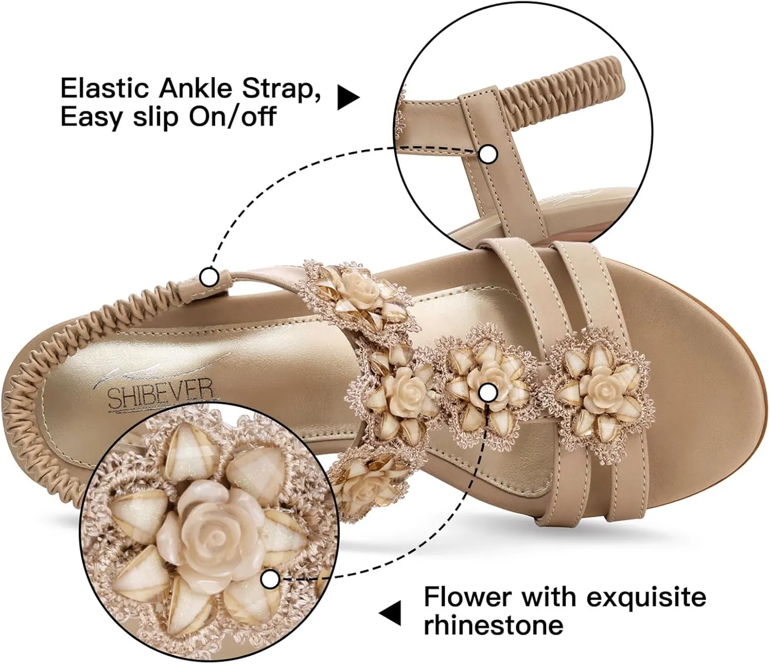 SHIBEVER Womens Sandals Wedge Flower: Open Toe Elastic Ankle Strap Wedge Sandal - Dressy Sandals Women - Comfortable Summer Bohemia
