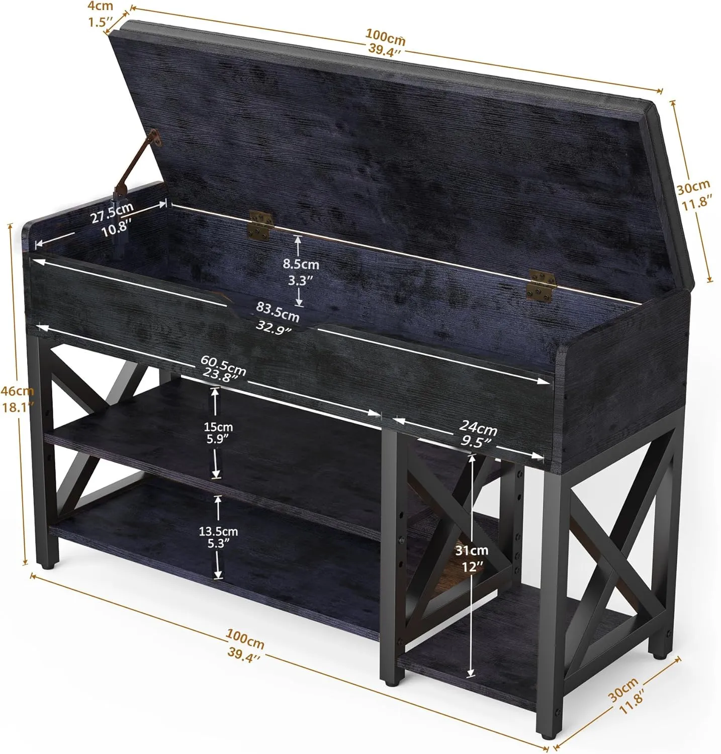 Shoe Bench, Lift Top Shoe Storage Bench, Adjustable Shelf Entryway Bench with Padded Cushion for Entry, Closet, Living Room, Hallway, 2-Tier Shoe Rack Organizer(Black, 39.5“W)