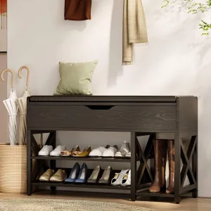 Shoe Bench, Lift Top Shoe Storage Bench, Adjustable Shelf Entryway Bench with Padded Cushion for Entry, Closet, Living Room, Hallway, 2-Tier Shoe Rack Organizer(Black, 39.5“W)