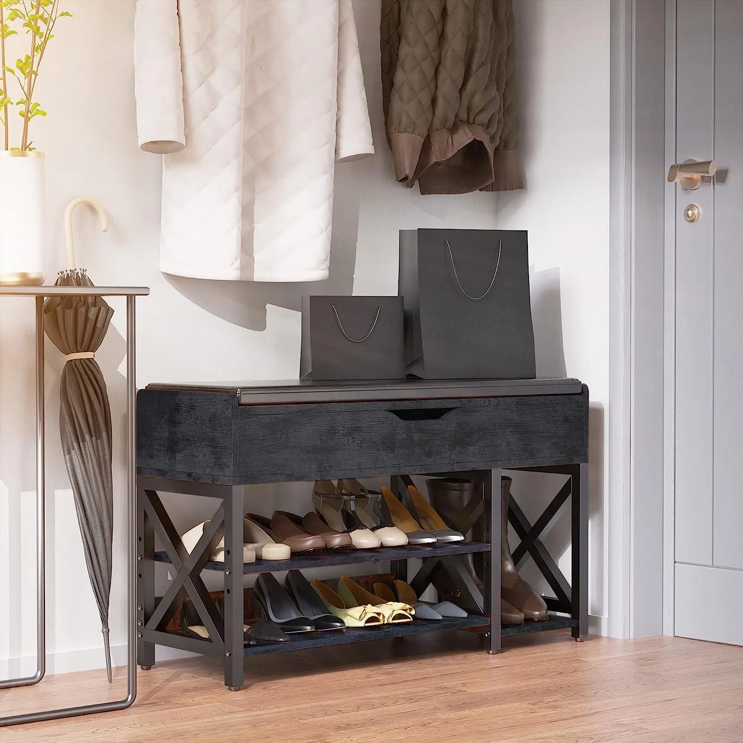 Shoe Bench, Lift Top Shoe Storage Bench, Adjustable Shelf Entryway Bench with Padded Cushion for Entry, Closet, Living Room, Hallway, 2-Tier Shoe Rack Organizer(Black, 39.5“W)