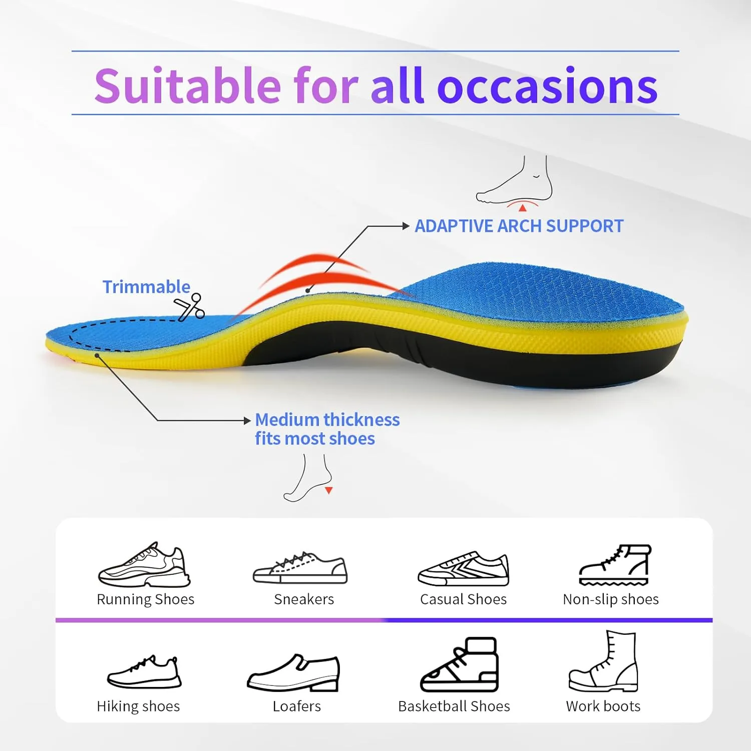 Shoe Insoles with Arch Support Plantar Fasciitis Relief for Men Women Runing Walking, 220Lbs Orthotics Insole Shoes Insert Pads fit Sneakers and Work Boot for Standing All Day-to Men 7-8 | Women 9-10