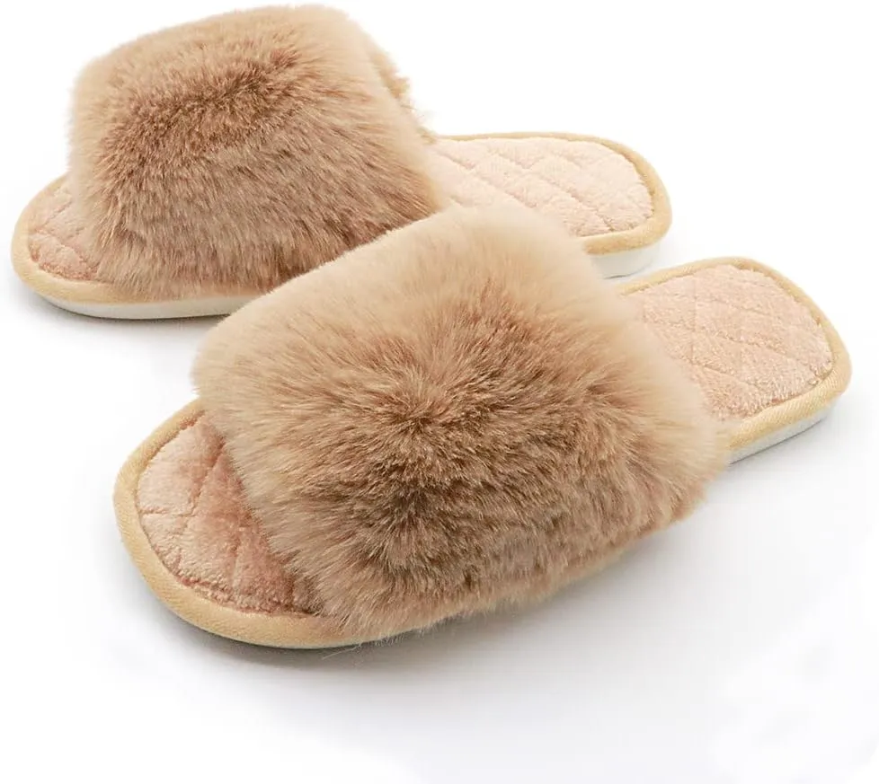 Slippers for Women, Cozy Memory Foam Open Toe House Womens Slippers Shoes Soft Comfy Flat Slide Anti-Slip Fuzzy Furry Faux Fur Sandals for Indoor Outdoor