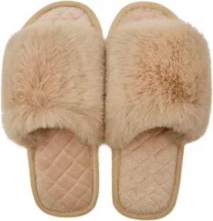 Slippers for Women, Cozy Memory Foam Open Toe House Womens Slippers Shoes Soft Comfy Flat Slide Anti-Slip Fuzzy Furry Faux Fur Sandals for Indoor Outdoor