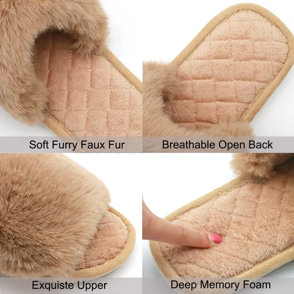Slippers for Women, Cozy Memory Foam Open Toe House Womens Slippers Shoes Soft Comfy Flat Slide Anti-Slip Fuzzy Furry Faux Fur Sandals for Indoor Outdoor