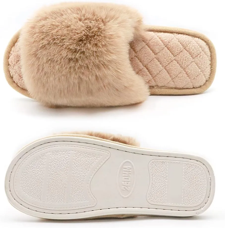 Slippers for Women, Cozy Memory Foam Open Toe House Womens Slippers Shoes Soft Comfy Flat Slide Anti-Slip Fuzzy Furry Faux Fur Sandals for Indoor Outdoor