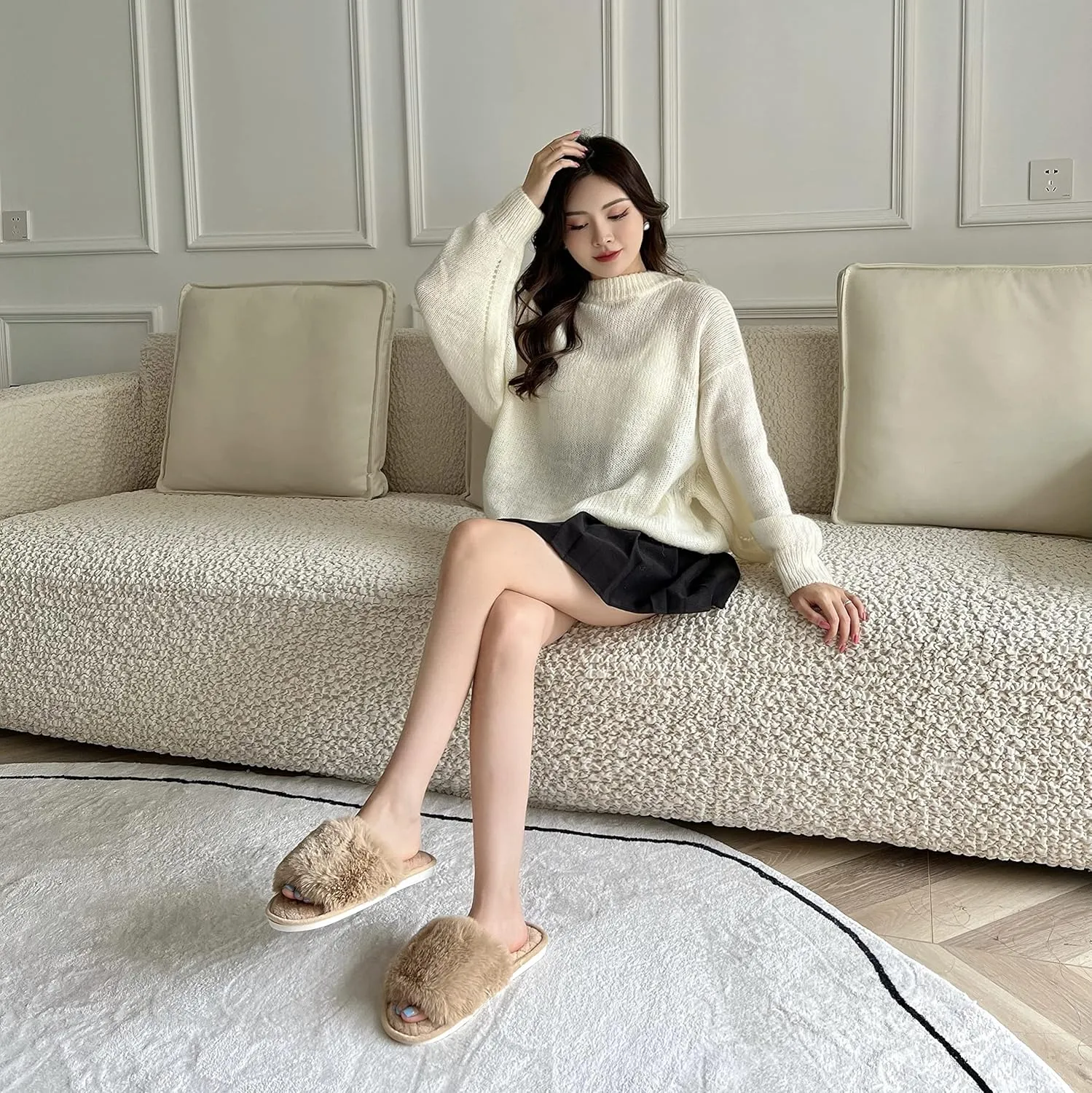 Slippers for Women, Cozy Memory Foam Open Toe House Womens Slippers Shoes Soft Comfy Flat Slide Anti-Slip Fuzzy Furry Faux Fur Sandals for Indoor Outdoor