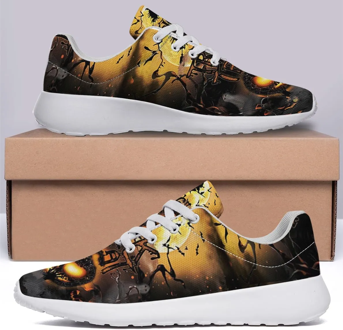 Sonzj-II Halloween Print Walking Shoes Casual Mesh Breathable Lace Up Running Sneakers for Men Women