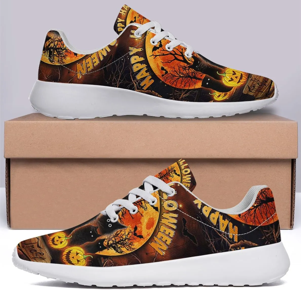 Sonzj-II Halloween Print Walking Shoes Casual Mesh Breathable Lace Up Running Sneakers for Men Women