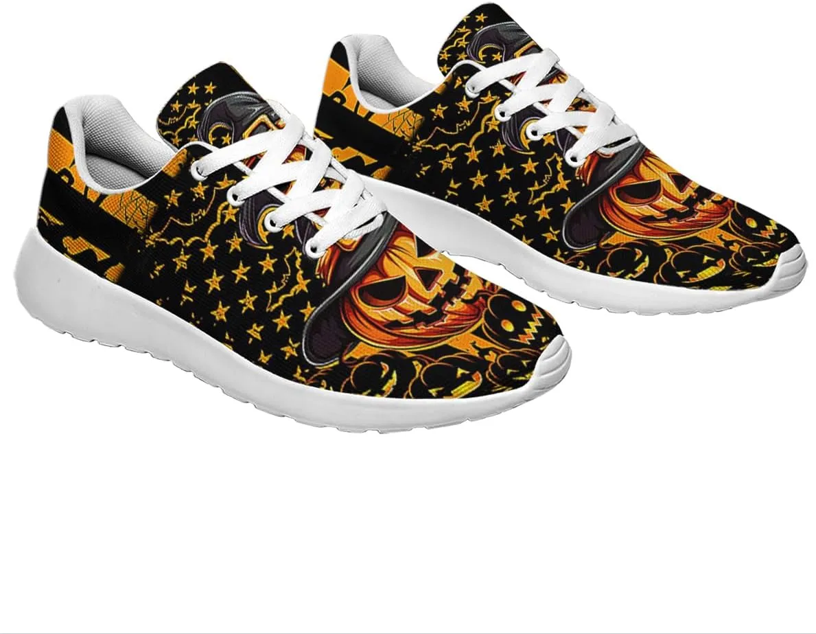 Sonzj-II Halloween Shoes for Women Men, Pumpkin Print Lace Up Walking Sneakers, Running Shoes Gym Sports Athletic Trail Sneakers