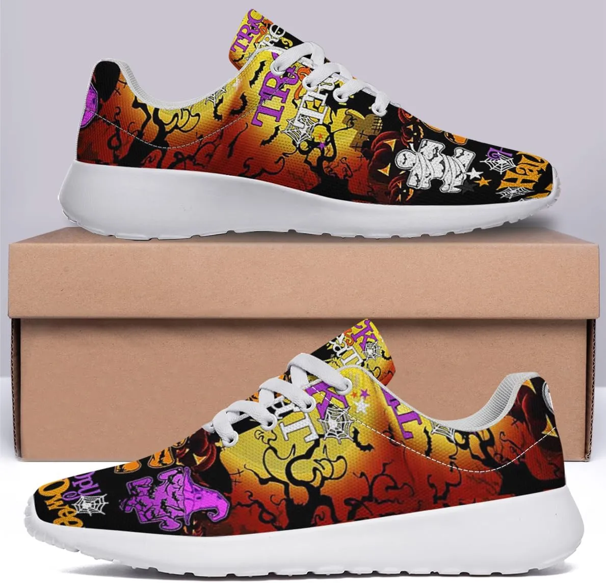 Sonzj-II Halloween Shoes for Women Men, Pumpkin Print Lace Up Walking Sneakers, Running Shoes Gym Sports Athletic Trail Sneakers