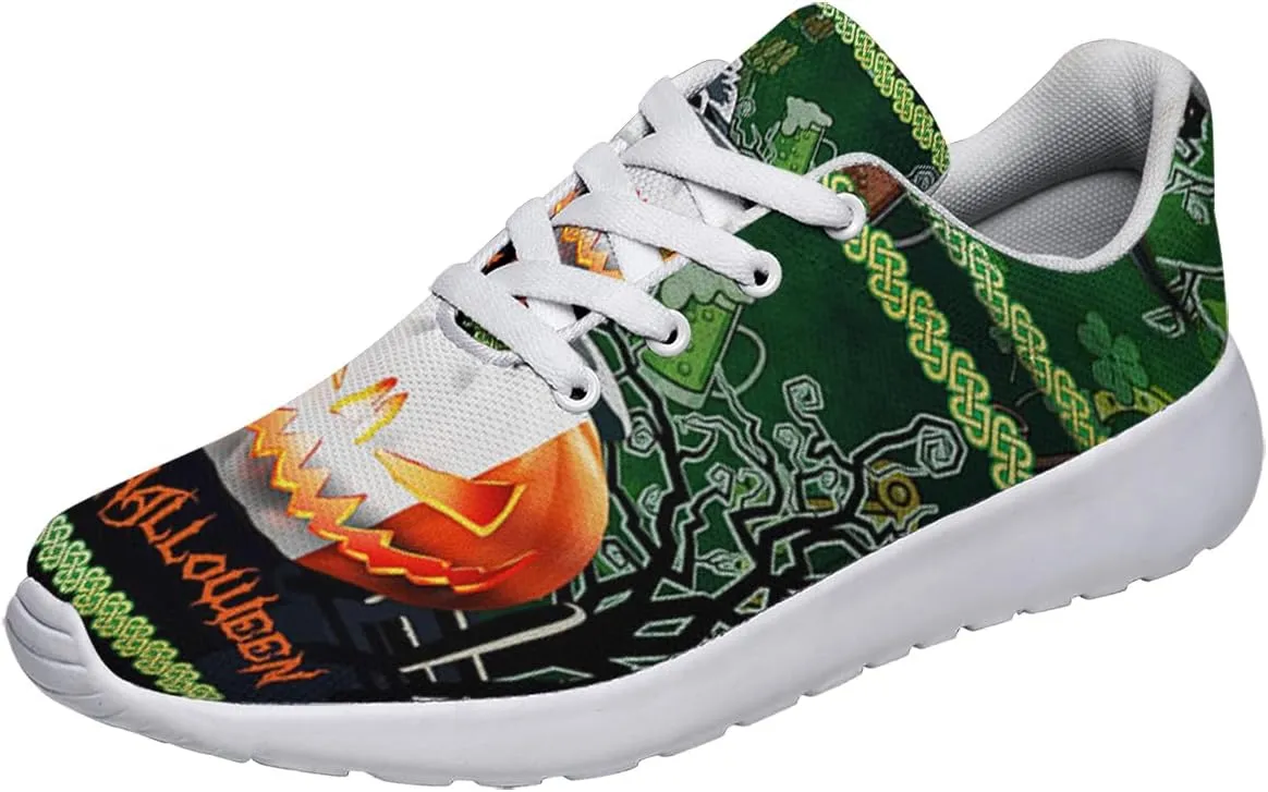 Sonzj-II Halloween Shoes for Women Men, Pumpkin Print Lace Up Walking Sneakers, Running Shoes Gym Sports Athletic Trail Sneakers