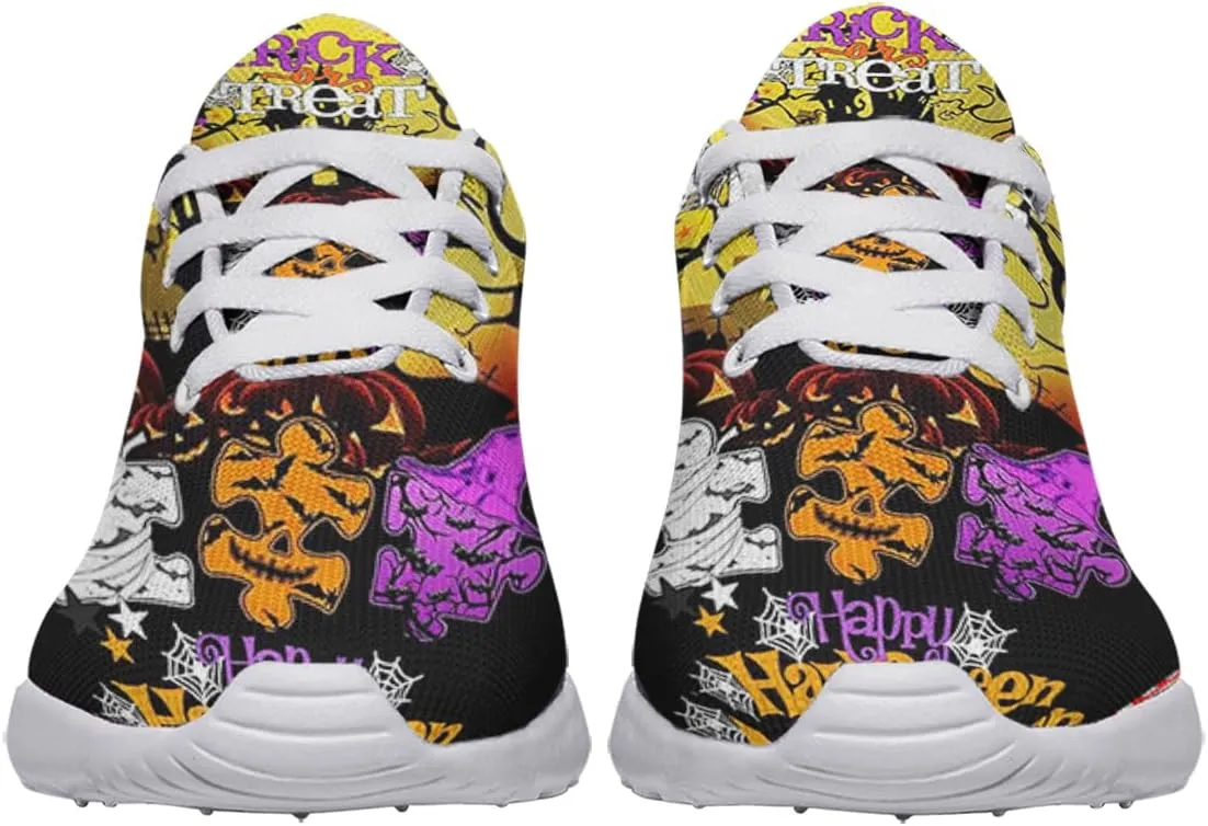 Sonzj-II Halloween Shoes for Women Men, Pumpkin Print Lace Up Walking Sneakers, Running Shoes Gym Sports Athletic Trail Sneakers