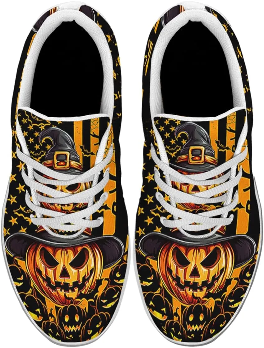 Sonzj-II Halloween Shoes for Women Men, Pumpkin Print Lace Up Walking Sneakers, Running Shoes Gym Sports Athletic Trail Sneakers