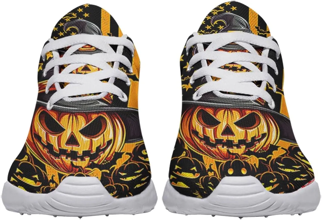 Sonzj-II Halloween Shoes for Women Men, Pumpkin Print Lace Up Walking Sneakers, Running Shoes Gym Sports Athletic Trail Sneakers