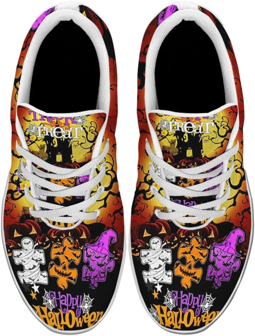 Sonzj-II Halloween Shoes for Women Men, Pumpkin Print Lace Up Walking Sneakers, Running Shoes Gym Sports Athletic Trail Sneakers