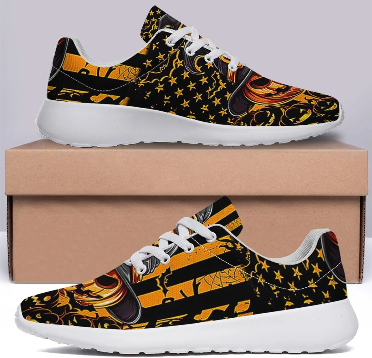 Sonzj-II Halloween Shoes for Women Men, Pumpkin Print Lace Up Walking Sneakers, Running Shoes Gym Sports Athletic Trail Sneakers