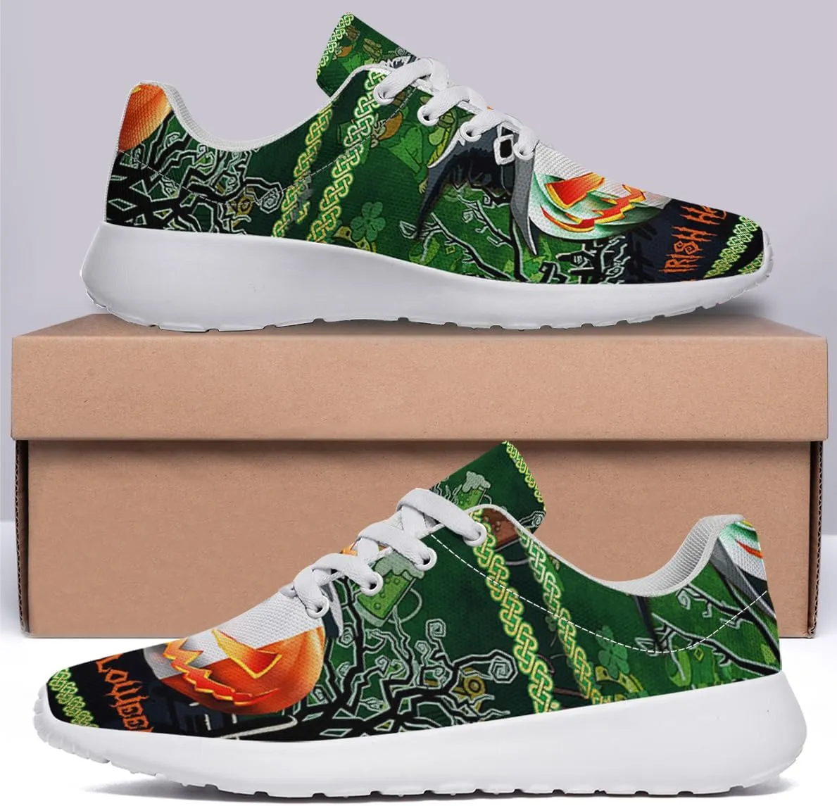 Sonzj-II Halloween Shoes for Women Men, Pumpkin Print Lace Up Walking Sneakers, Running Shoes Gym Sports Athletic Trail Sneakers