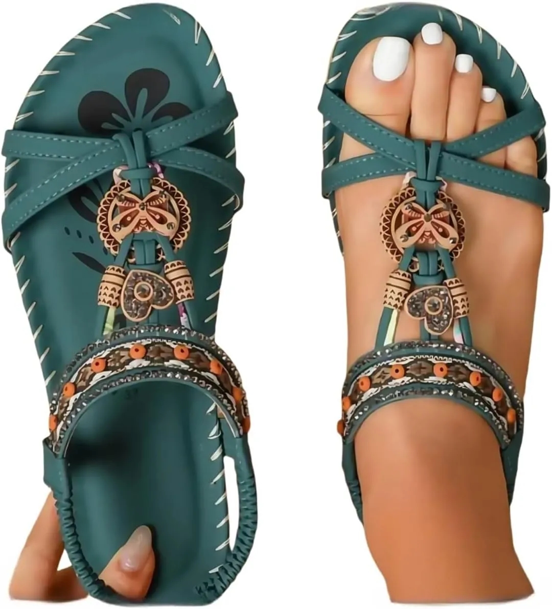Sparkly Sandals for Women Rhinestones, Womens T-Strap Buckle Bohemian Pearl Crystal Flat Sandals Wide Width Comfort Walking Non Slip Casual Summer Beach Dress Shoes Ankle Strap Elastic Flats