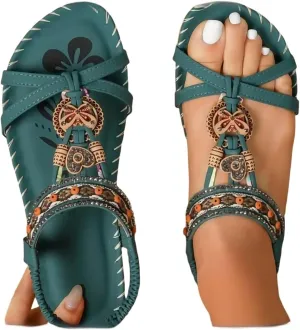 Sparkly Sandals for Women Rhinestones, Womens T-Strap Buckle Bohemian Pearl Crystal Flat Sandals Wide Width Comfort Walking Non Slip Casual Summer Beach Dress Shoes Ankle Strap Elastic Flats