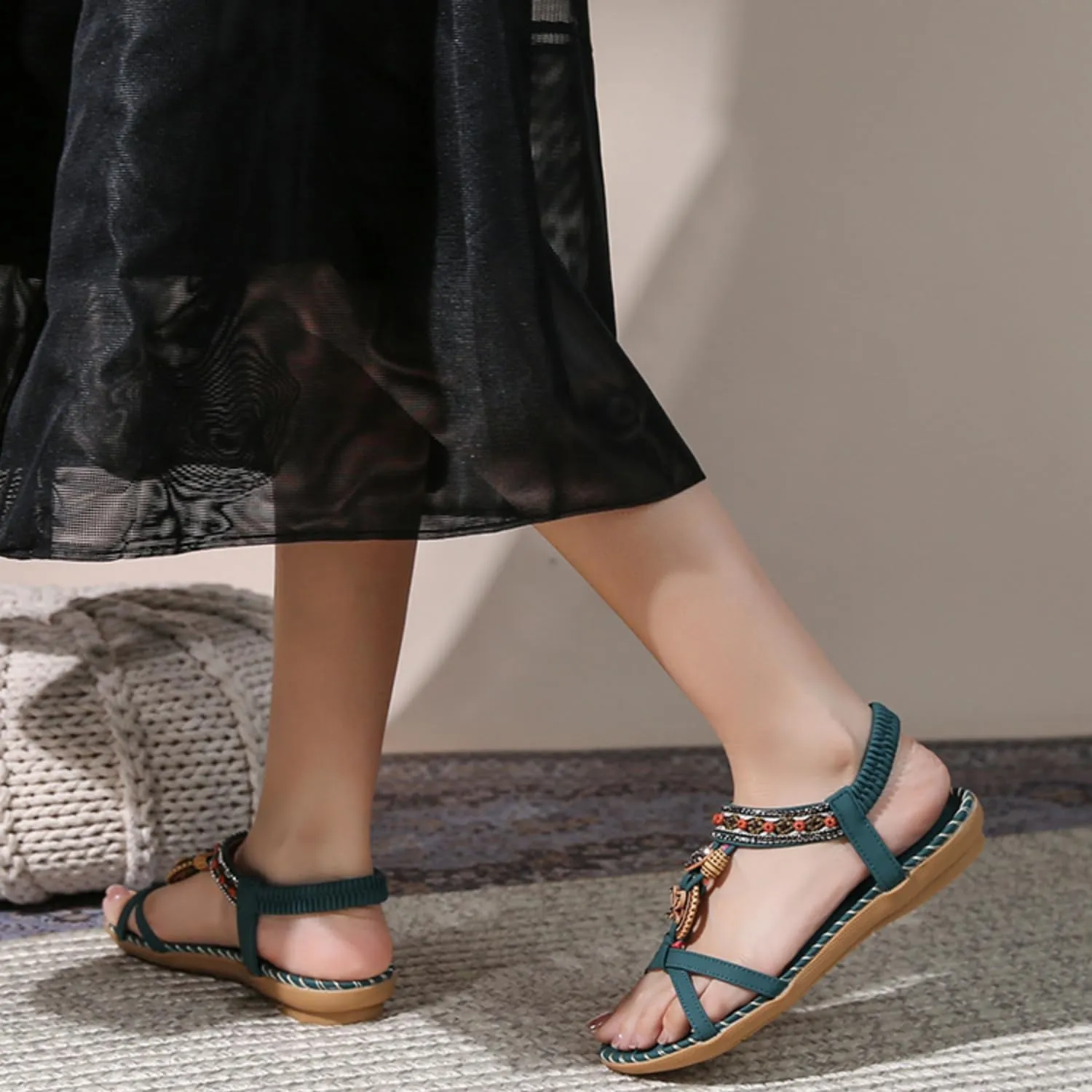 Sparkly Sandals for Women Rhinestones, Womens T-Strap Buckle Bohemian Pearl Crystal Flat Sandals Wide Width Comfort Walking Non Slip Casual Summer Beach Dress Shoes Ankle Strap Elastic Flats