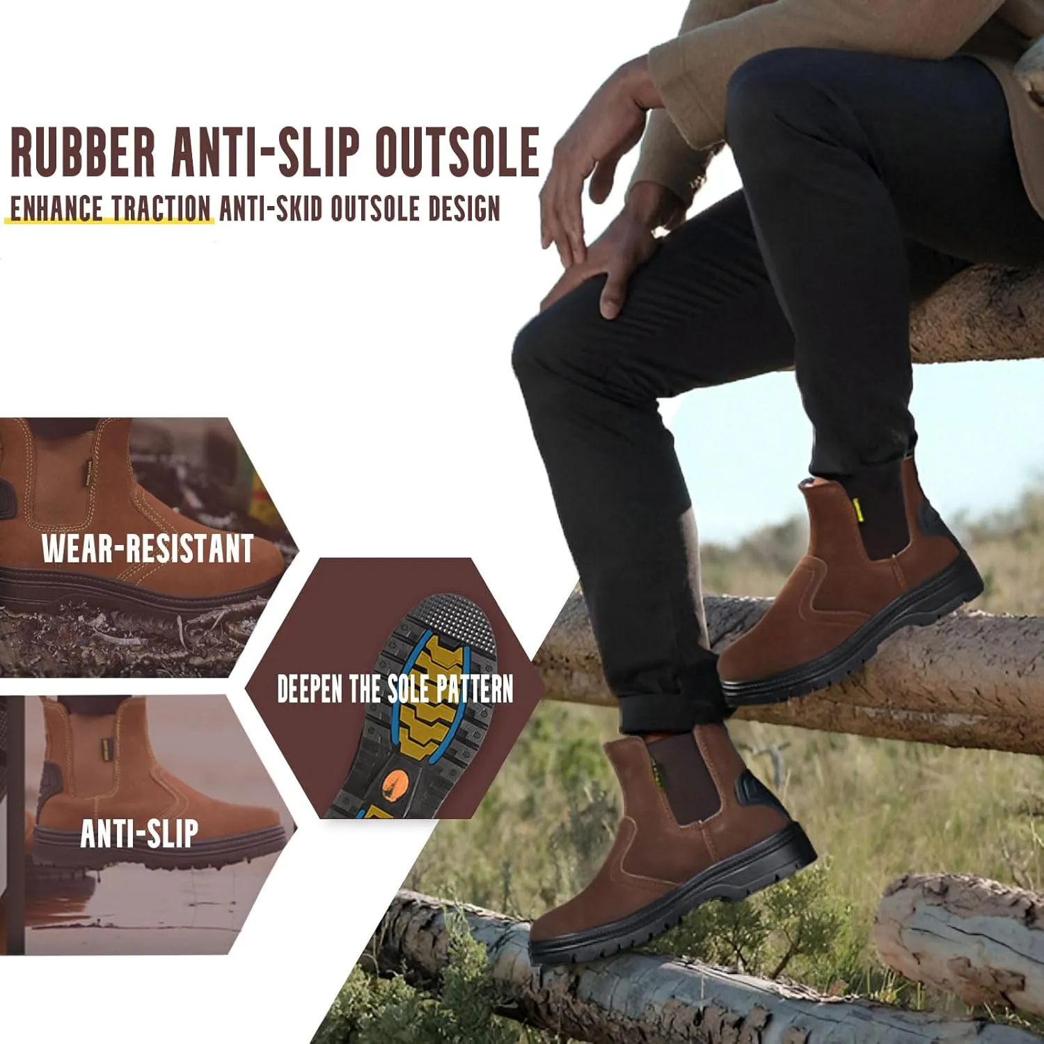 Steel Toe Work Boots for Men Slip Resistant Welding Work Boots Slip-on Safety Shoes for Industrial Construction