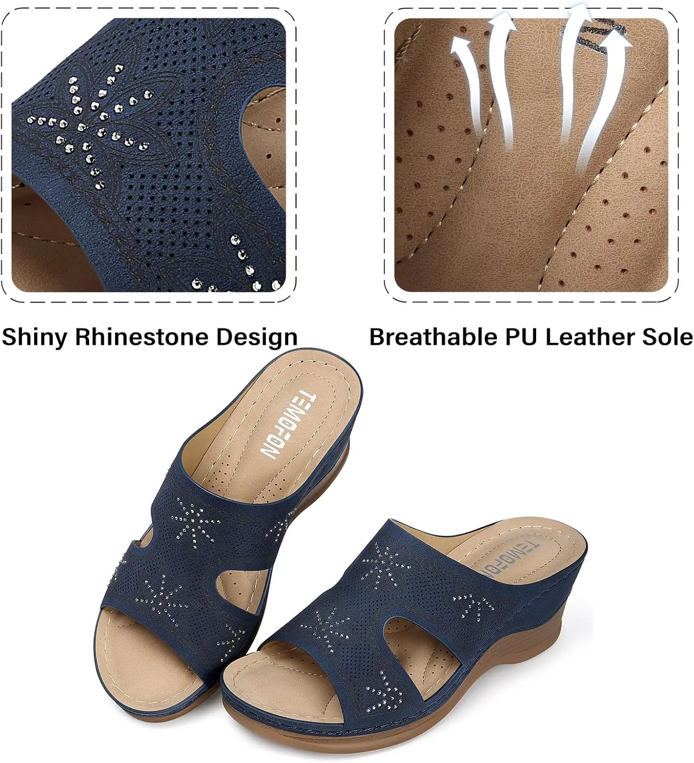 TEMOFON Women Wedge Sandals Dressy: Soft Leather Sandal, Rubber Sole, Comfortable Walking, Casual Slip on Summer Sandals