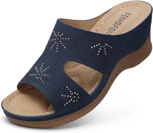 TEMOFON Women Wedge Sandals Dressy: Soft Leather Sandal, Rubber Sole, Comfortable Walking, Casual Slip on Summer Sandals
