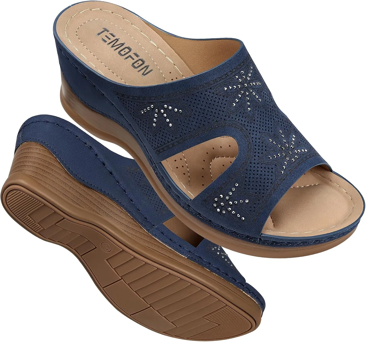 TEMOFON Women Wedge Sandals Dressy: Soft Leather Sandal, Rubber Sole, Comfortable Walking, Casual Slip on Summer Sandals