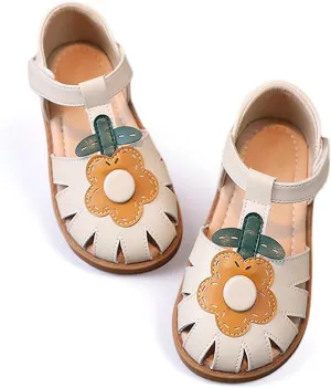 Toddler Girl Sandals with Flower, ‌Breathable Leather kids Closed Toe Sandals, Soft Rubber Non-Slip Summer Shoes for Little Girls 2-7 Years