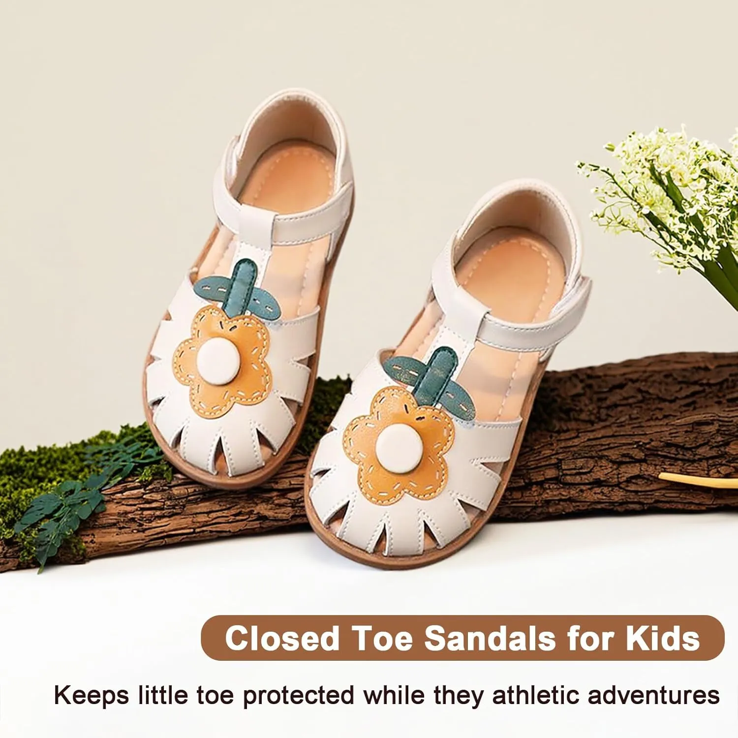 Toddler Girl Sandals with Flower, ‌Breathable Leather kids Closed Toe Sandals, Soft Rubber Non-Slip Summer Shoes for Little Girls 2-7 Years