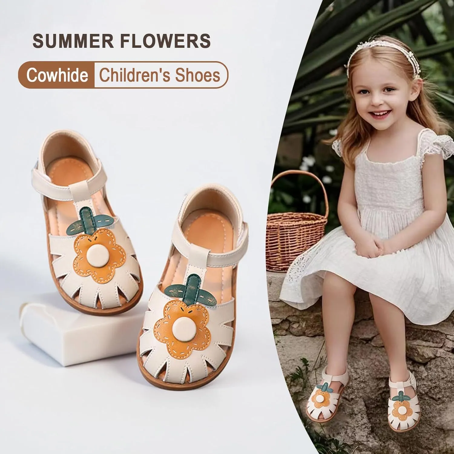 Toddler Girl Sandals with Flower, ‌Breathable Leather kids Closed Toe Sandals, Soft Rubber Non-Slip Summer Shoes for Little Girls 2-7 Years