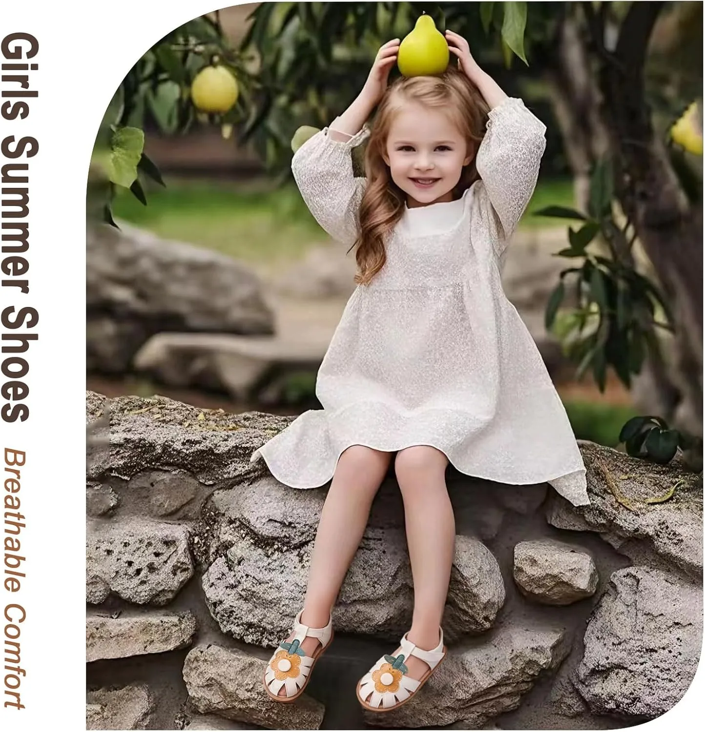 Toddler Girl Sandals with Flower, ‌Breathable Leather kids Closed Toe Sandals, Soft Rubber Non-Slip Summer Shoes for Little Girls 2-7 Years