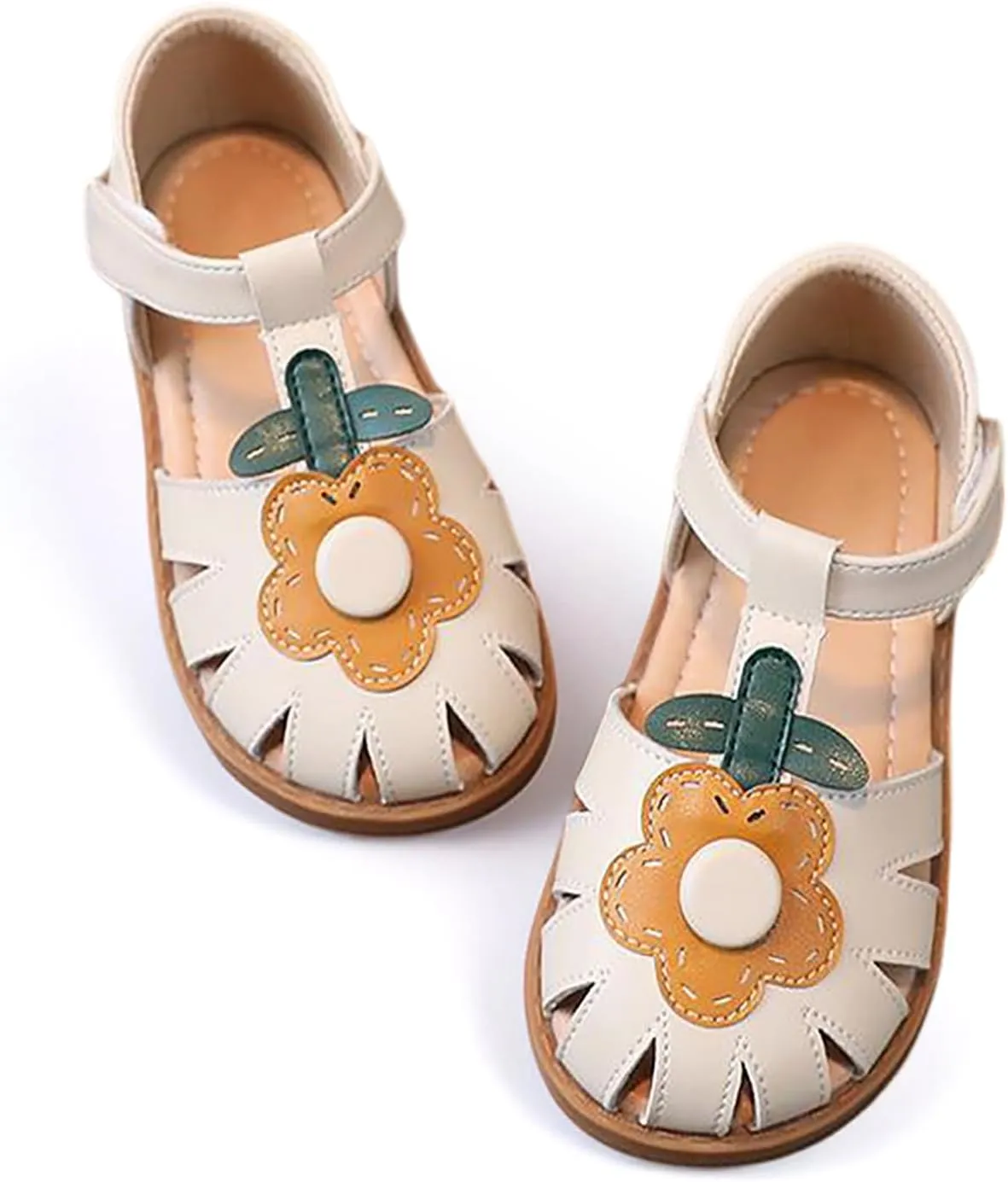 Toddler Girl Sandals with Flower, ‌Breathable Leather kids Closed Toe Sandals, Soft Rubber Non-Slip Summer Shoes for Little Girls 2-7 Years