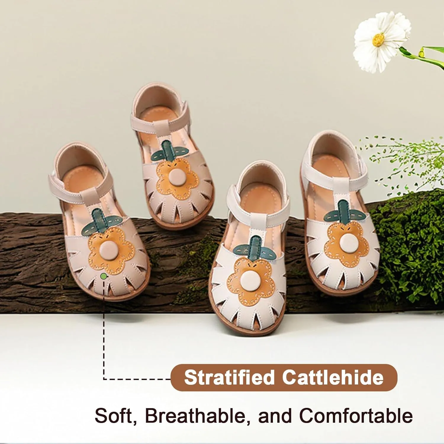 Toddler Girl Sandals with Flower, ‌Breathable Leather kids Closed Toe Sandals, Soft Rubber Non-Slip Summer Shoes for Little Girls 2-7 Years