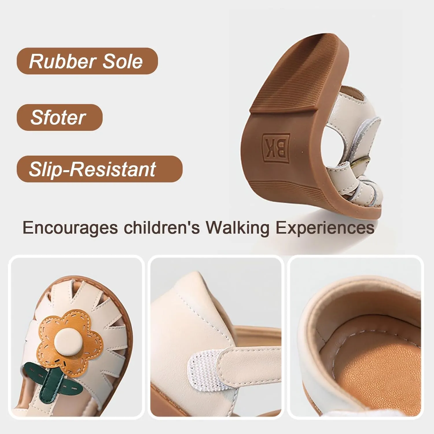 Toddler Girl Sandals with Flower, ‌Breathable Leather kids Closed Toe Sandals, Soft Rubber Non-Slip Summer Shoes for Little Girls 2-7 Years