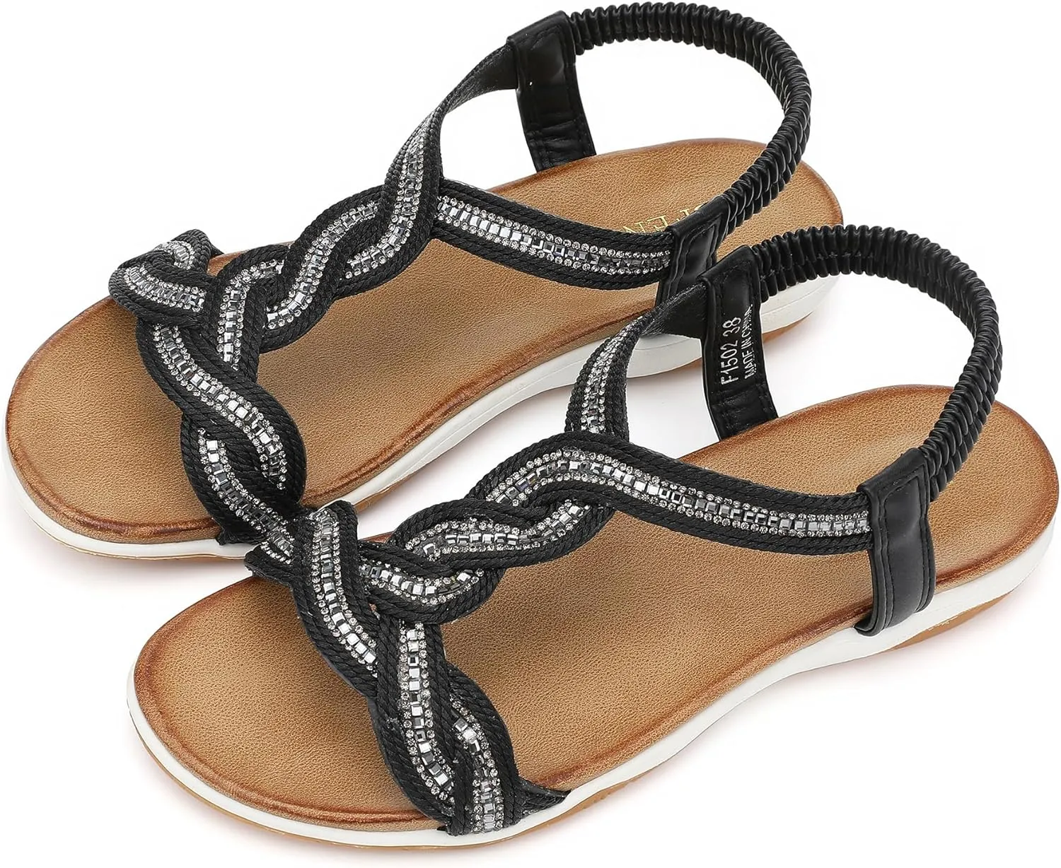 UBFEN Flat Sandals For Women Dressy Walking Comfortable Sandal With Rhinestone Braid Elastic Strap Summer Vacation