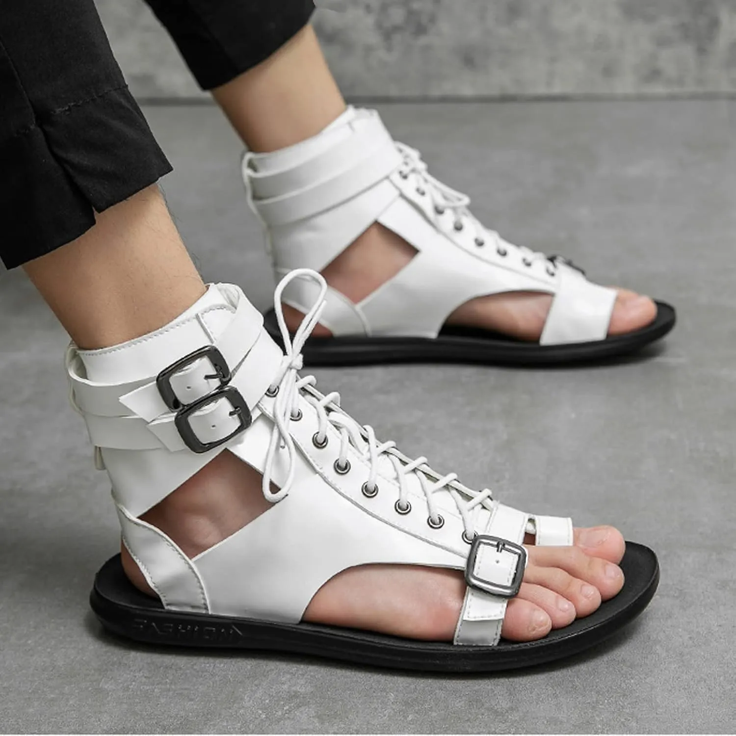 UGOSELEC Men's Leather Gladiator Sandals Roman Sandals,Casual Non-slip Breathable Lace Up Buckle Versatile High Top Beach Shoes
