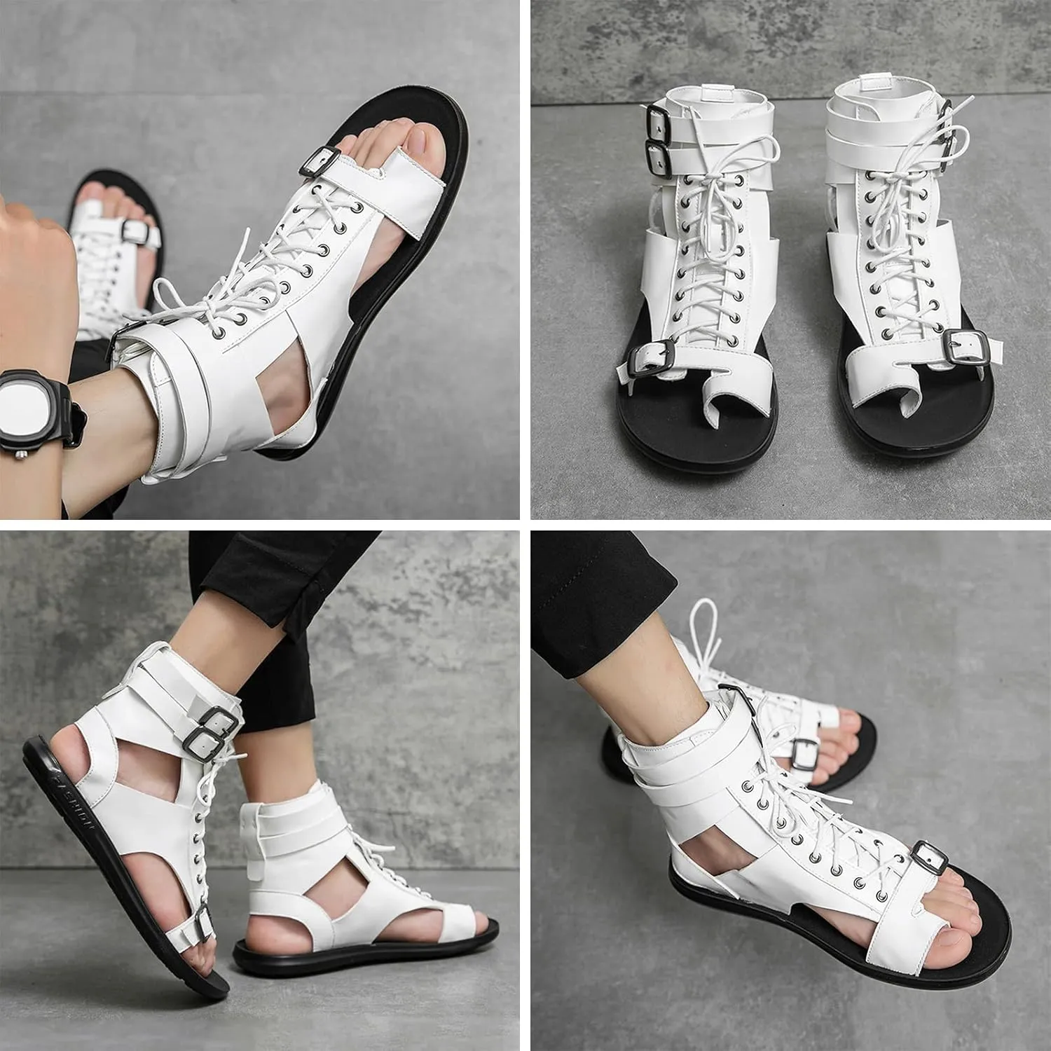 UGOSELEC Men's Leather Gladiator Sandals Roman Sandals,Casual Non-slip Breathable Lace Up Buckle Versatile High Top Beach Shoes