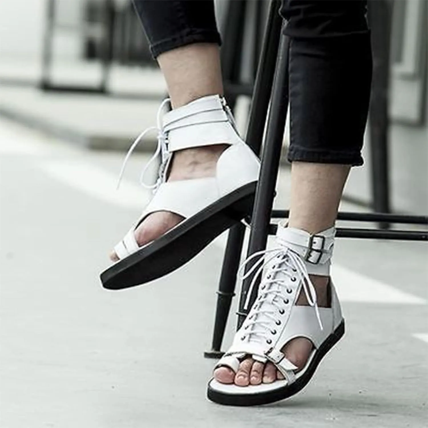 UGOSELEC Men's Leather Gladiator Sandals Roman Sandals,Casual Non-slip Breathable Lace Up Buckle Versatile High Top Beach Shoes