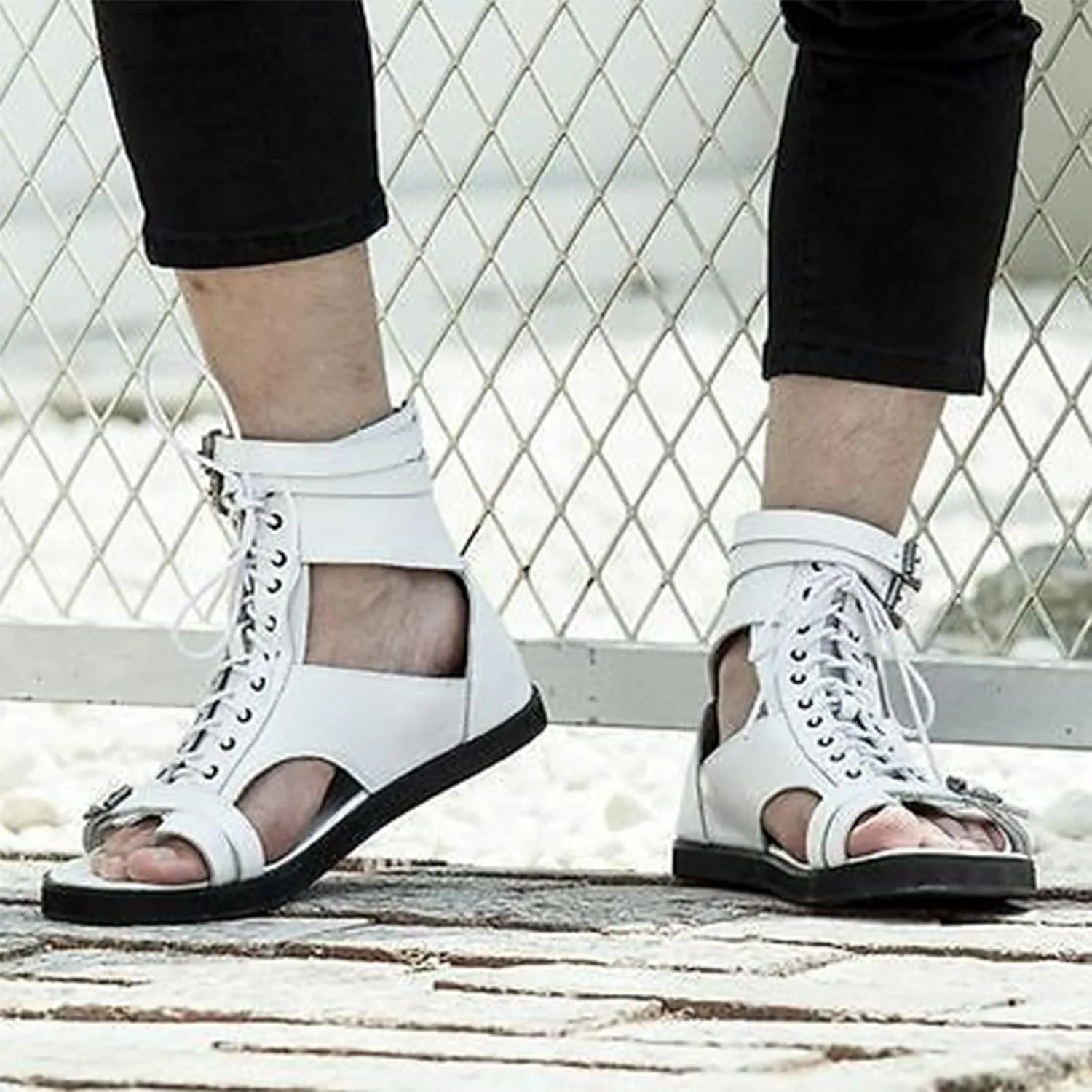 UGOSELEC Men's Leather Gladiator Sandals Roman Sandals,Casual Non-slip Breathable Lace Up Buckle Versatile High Top Beach Shoes