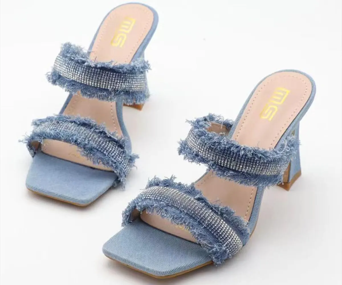 Ulalaza Women's Denim Slides Casual Jean Cloth Flat Mules Open Toe Wedge Slippers Platform Clogs Non-Slip Boho Sandals Close Pointed Toe Heels Backless Slip-On Loafers Walking Flip Flops