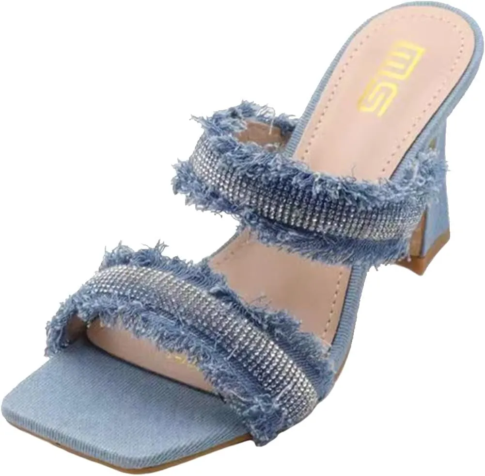 Ulalaza Women's Denim Slides Casual Jean Cloth Flat Mules Open Toe Wedge Slippers Platform Clogs Non-Slip Boho Sandals Close Pointed Toe Heels Backless Slip-On Loafers Walking Flip Flops