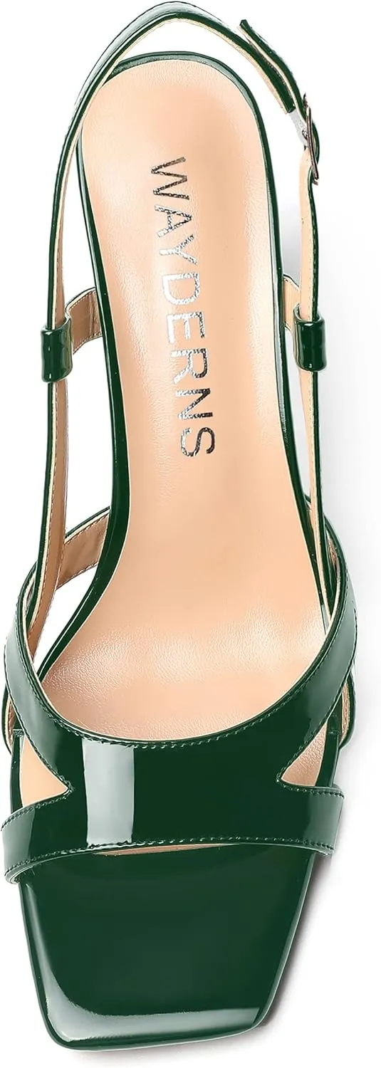WAYDERNS Womens Patent Dating Slingback Open Toe Casual Buckle Ankle Strap Solid Block High Heel Sandals 3.3 Inch