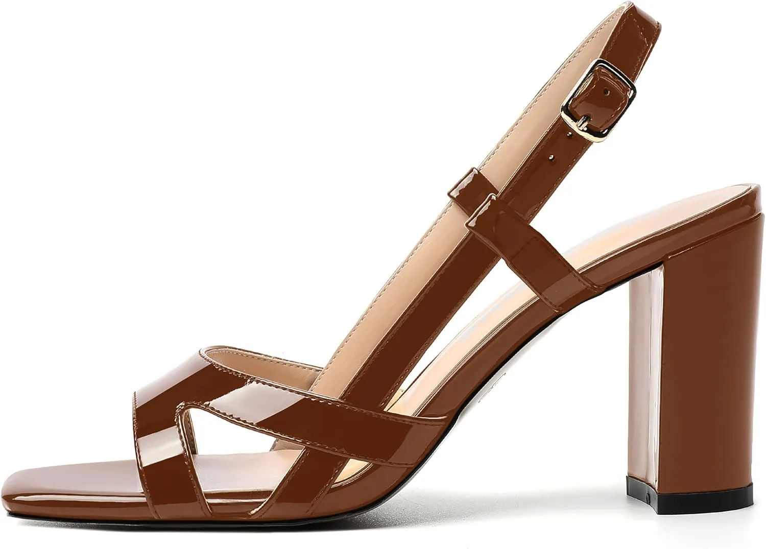 WAYDERNS Womens Patent Dating Slingback Open Toe Casual Buckle Ankle Strap Solid Block High Heel Sandals 3.3 Inch