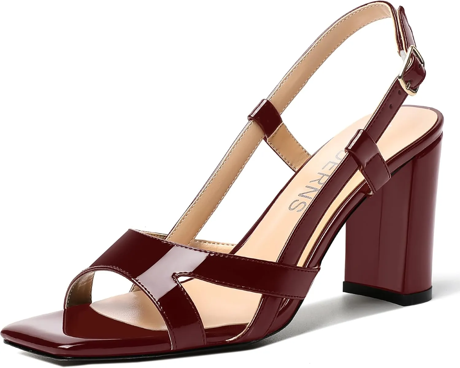 WAYDERNS Womens Patent Dating Slingback Open Toe Casual Buckle Ankle Strap Solid Block High Heel Sandals 3.3 Inch