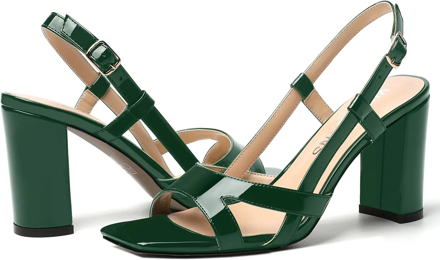 WAYDERNS Womens Patent Dating Slingback Open Toe Casual Buckle Ankle Strap Solid Block High Heel Sandals 3.3 Inch